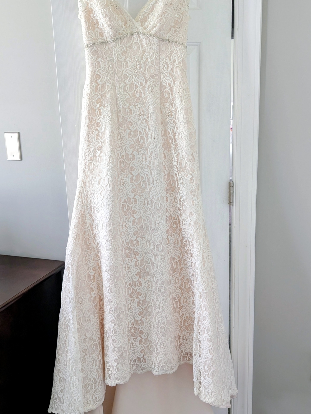 David's Bridal Ivory Lace V-Neck A-Line Dress with Beaded Empire Waist